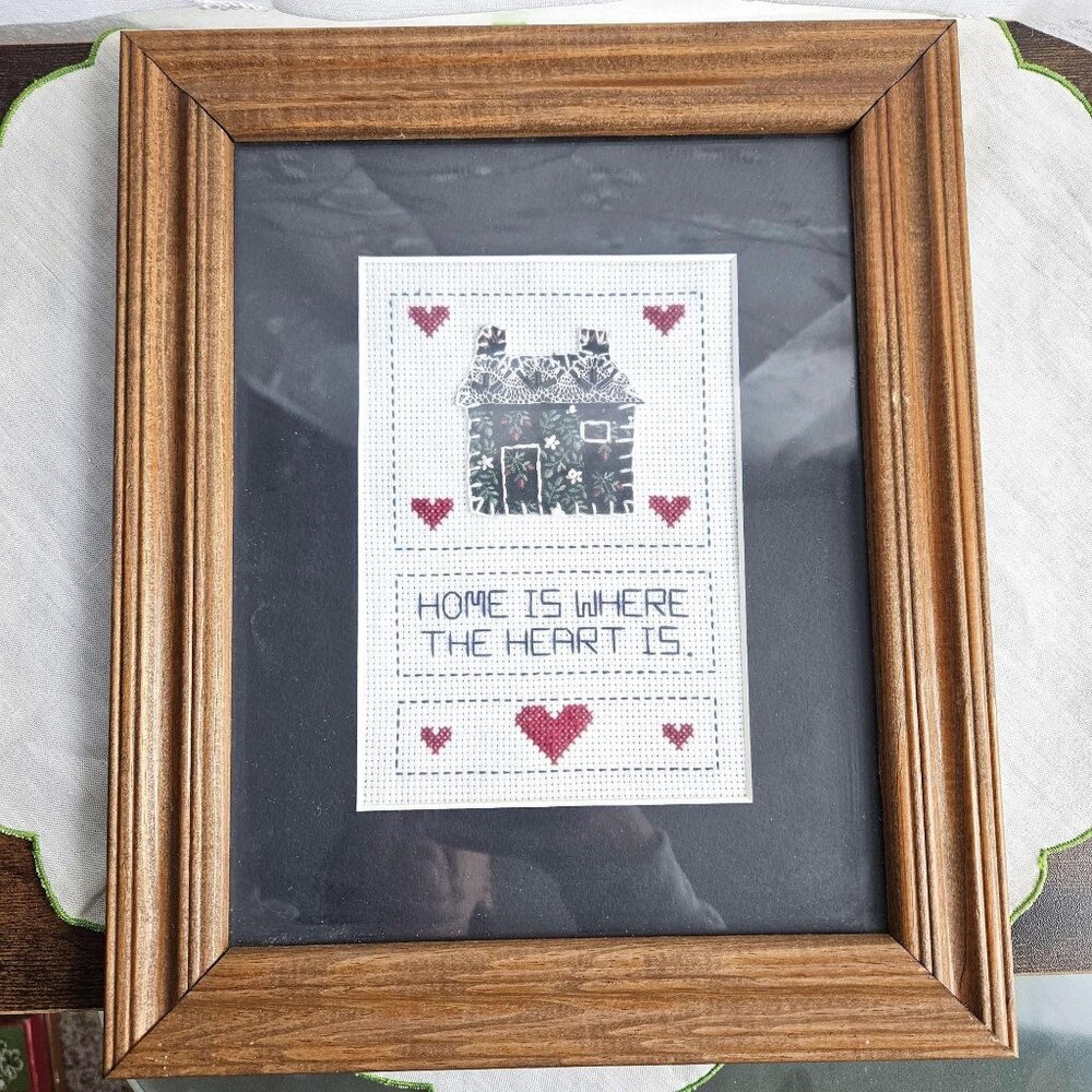 Vintage Cross stitch Craft "Home is where the heart is" framed artwork cottageco